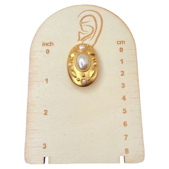 White Pearl Cabochon Clip On Button Earrings Brushed Gold Tone Cut Out - Picture 9 of 9